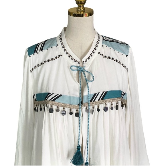 Chico’s Women's White Embellished Open Front Tassle Tie Lightweight Jacket Sz L - Picture 9 of 13